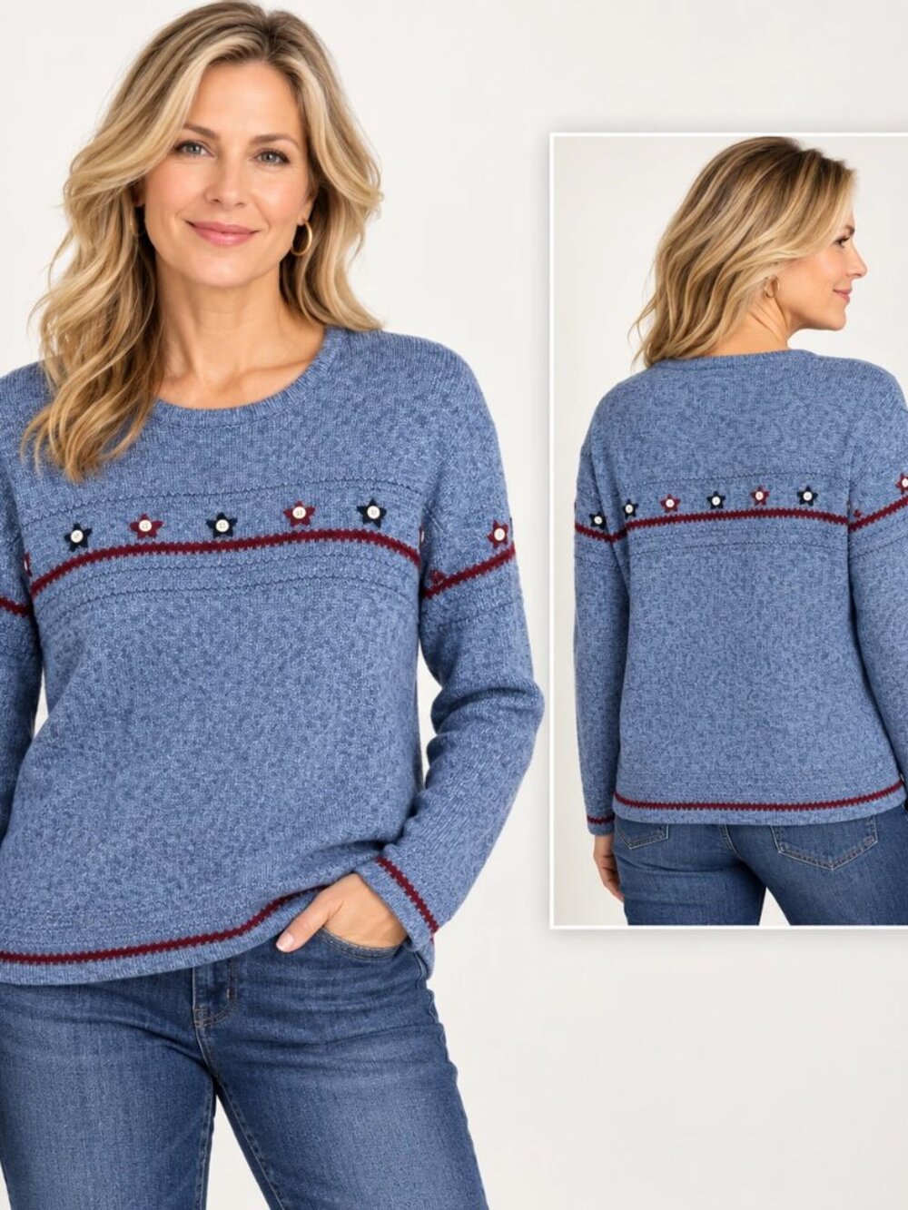 Vintage Christopher Banks Hand Embroidered Blue Folk Knit Sweater Sz L